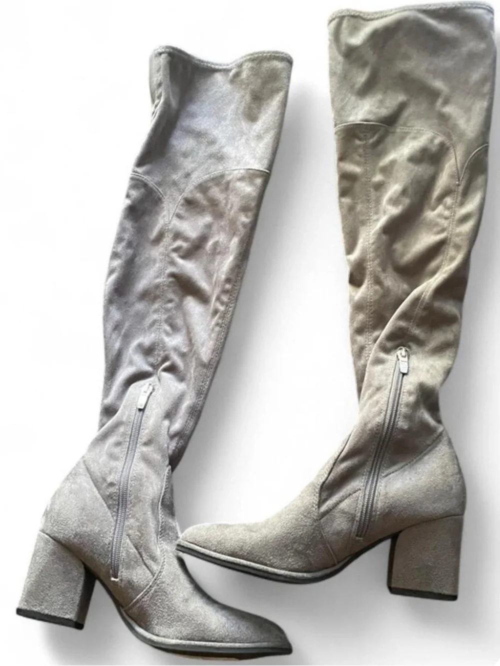 Marc Fisher Over-the-Knee Suede Block Heel Boots - Light Gray